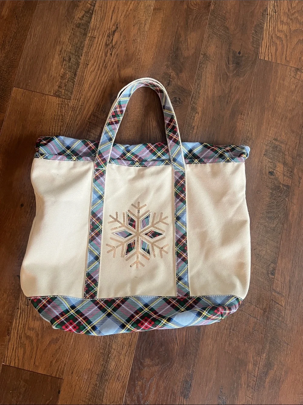 Canvas Tote Bag with Plaid Trim and star- Cream colored
